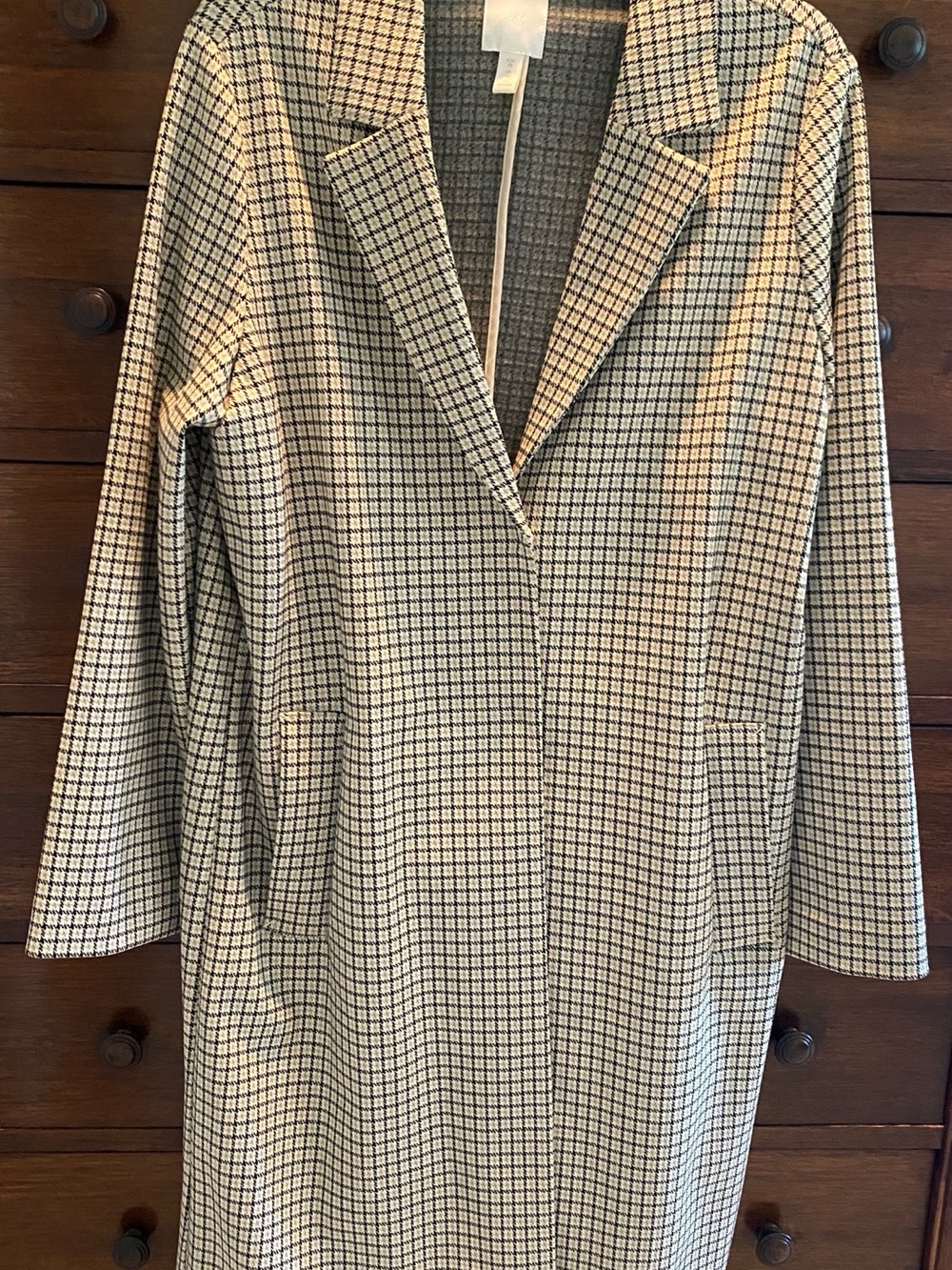 H&M Checked Longline Blazer Coat in Cream and Black